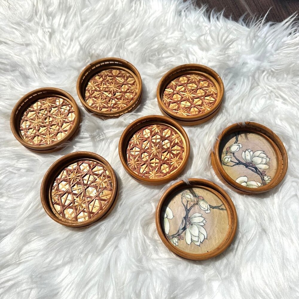 Vintage 7 Piece Set Bamboo Boho Coasters Ornate Midcentury Retro Mod Geo Decor